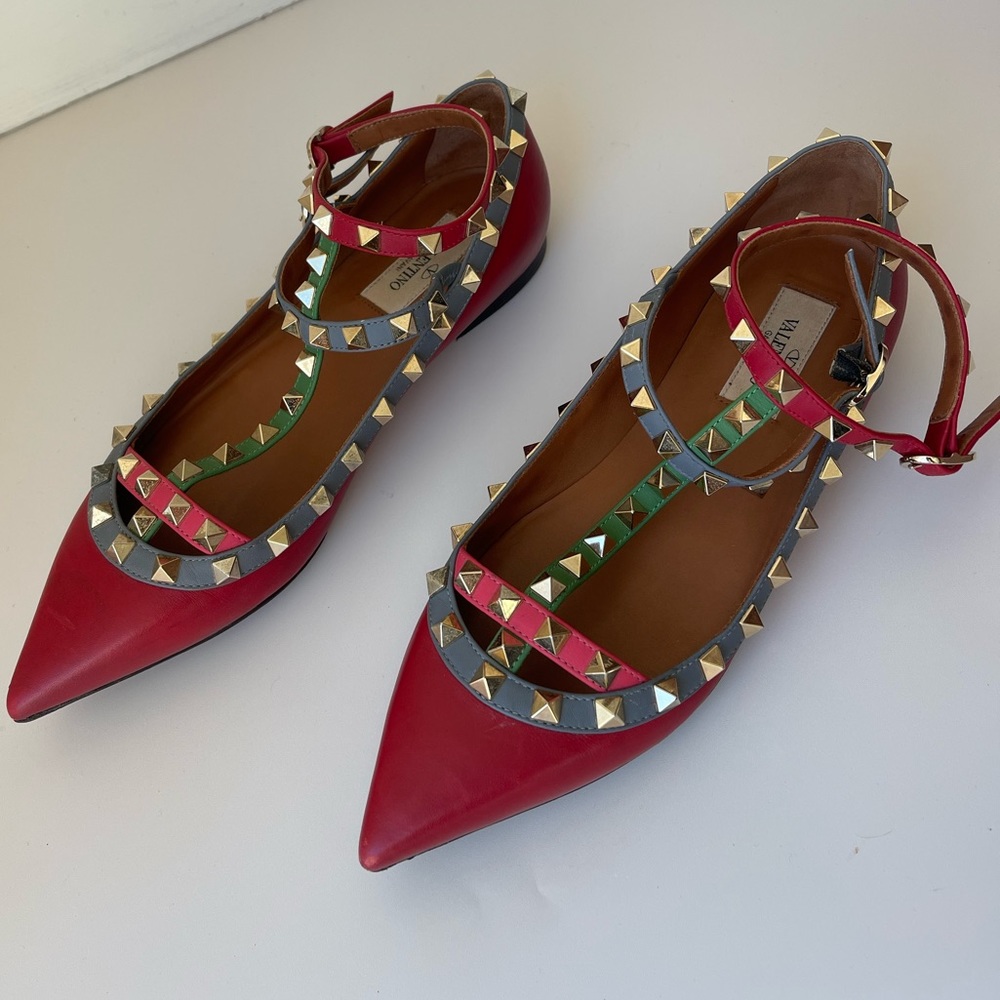 VALENTINO Authentic Red Pointed Toe Leather Rockstud Caged Flats / Size 37 / 6.5